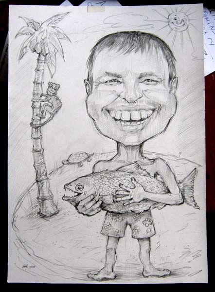 шарж на 23 февраля парня с рыбой на острове от шаржиста Мишеля, Михаила Шабалина Минск корпоратив