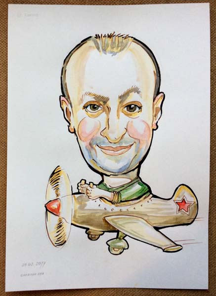 Мужчина летит на самолете Шаржист Михаил Шабалин Мишель