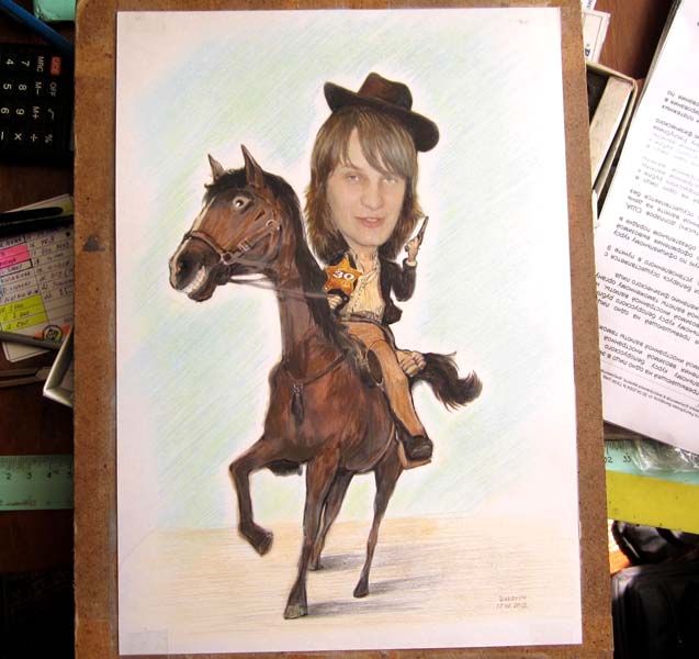 Дружеский шарж всадника ковбоя шаржист Михаил Шабалин, шаржист Мишель 